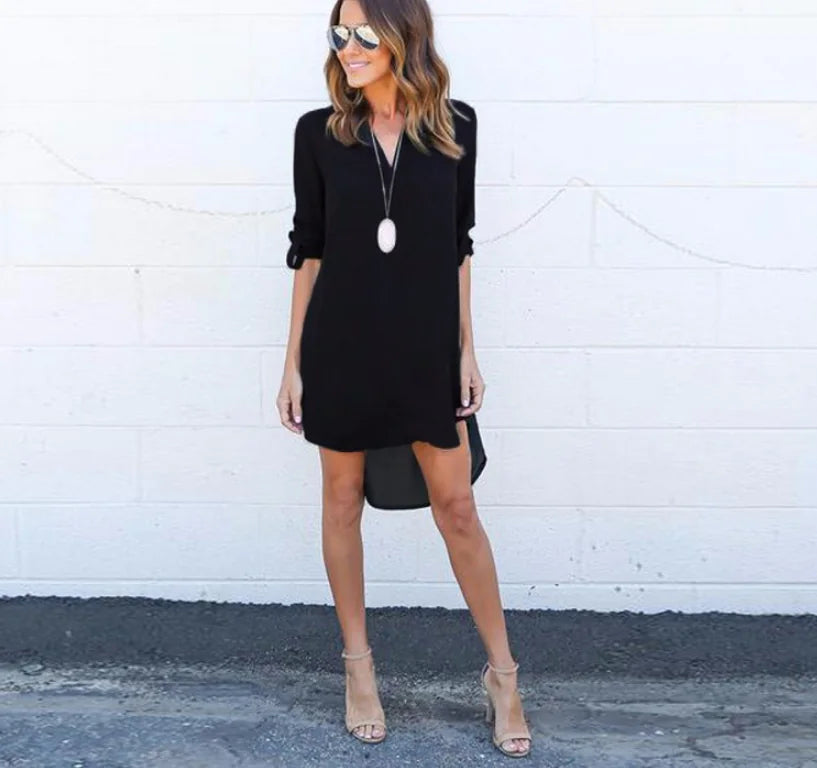 Chiffon Long Sleeve V-Neck Dress with Asymmetrical Hem