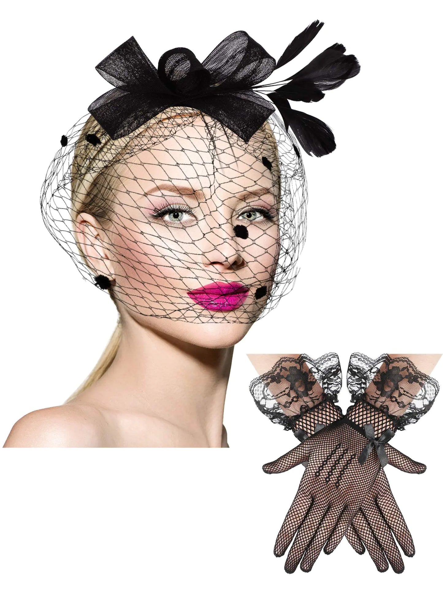 SATINIOR 50s Fascinators for Women Funeral Veil Hat Tea Party Hat and Gloves Pillbox Cocktail Hat(BlackRetro Style)