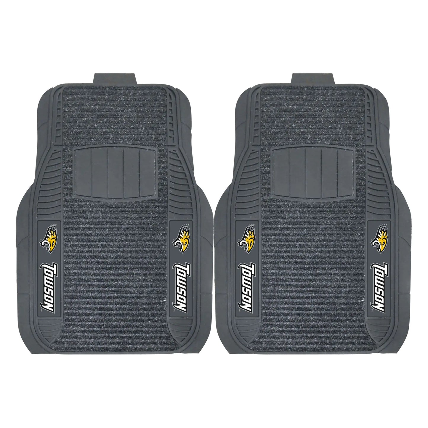 FANMATS 17125 Towson Tigers 2-Piece Deluxe Car Mat Set Vinyl Trim and Colored Team Logo Dual Rib Charcoal Carpet Trimmable Edges