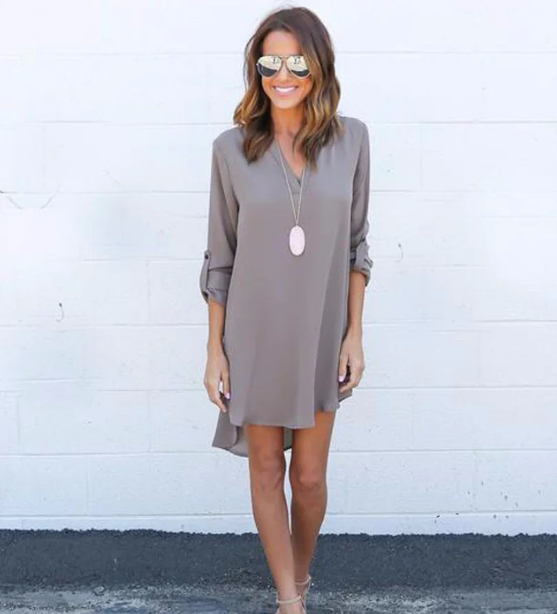 Chiffon Long Sleeve V-Neck Dress with Asymmetrical Hem