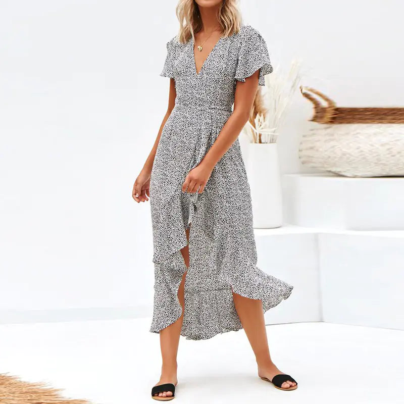 Floral V-Neck Short Sleeve Tie Dress