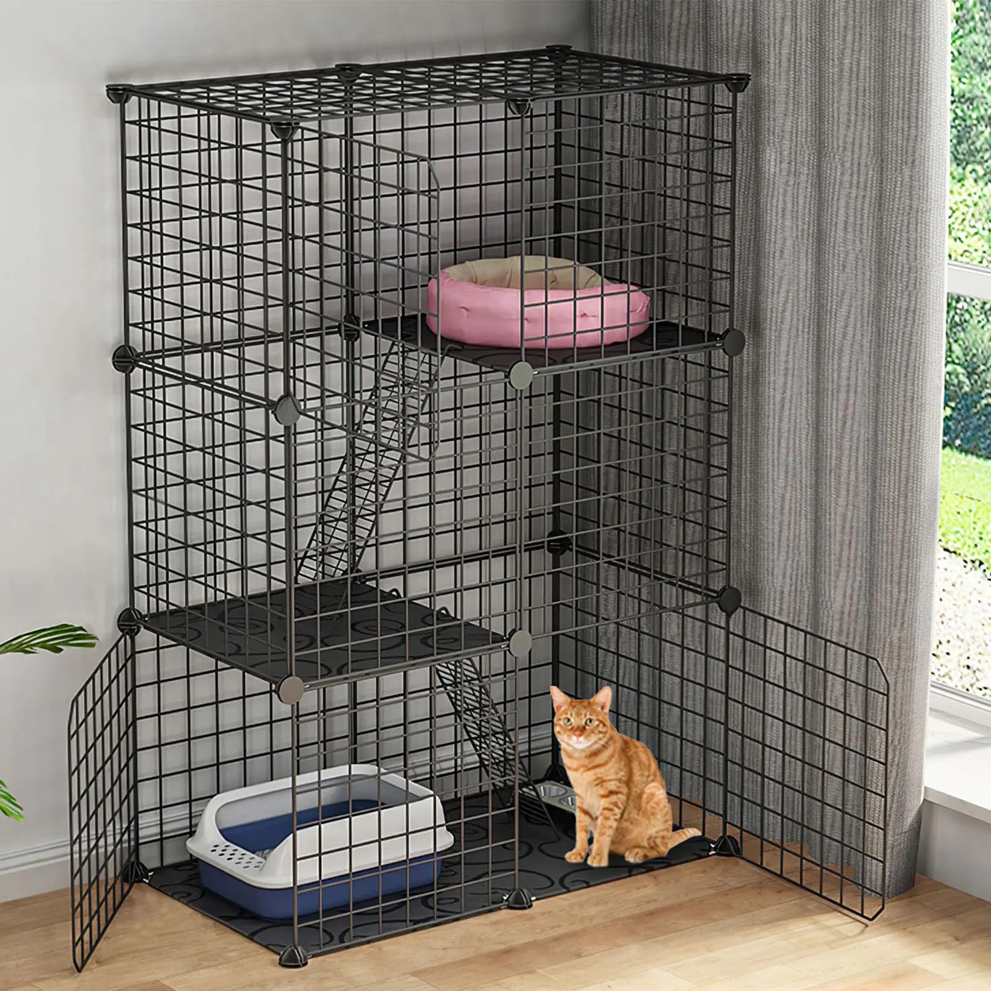 TeqHome Large 3-Tier Cat Cage Indoor Cat Enclosures Pliable DIY Cat Playpen Detachable Metal Wire Kennels Cat Crate Box House with 3 Doors 2 Ramp Ladders for 1-2 Cats28.2"L x 14.0"W x 42.1"H Black