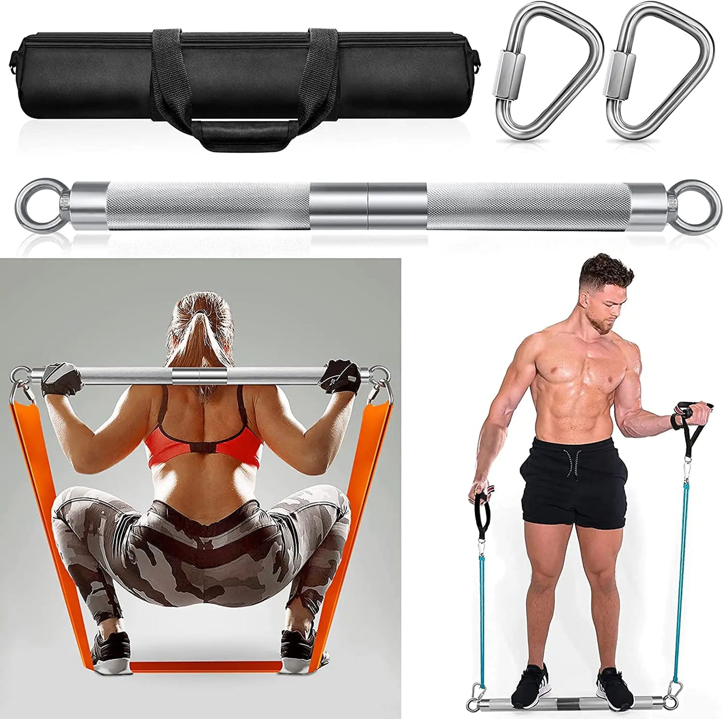 The DASKING Detachable Resistance Bands Bar 30"/35.4"/38.5" Length Workout Bar Exercise Bar Max Load 500LBS for Home Gym Workout Full Body Workout Power Lifting Fitness Bar(No resistance bands)