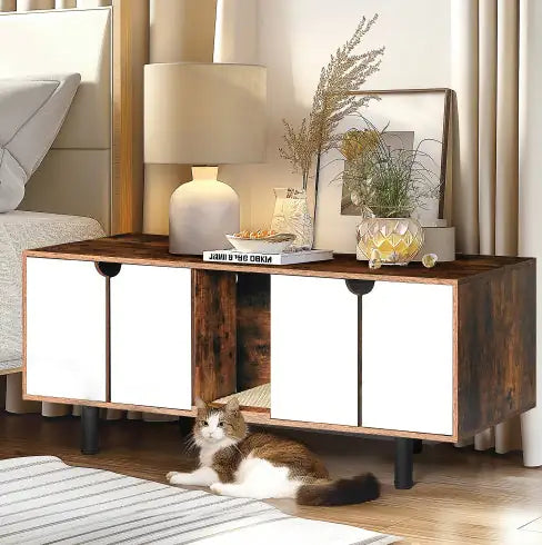Cat Litter Box Enclosure For 2 Cats, Double Hidden Litter Box Furniture Large Cat Washroom, Indoor Cat House Cabinet TV Stand End Table, White Vintage