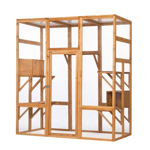 Outdoor Cat Enclosure, Large Wooden Cat Cage, Sun Roof, Perch, Sleeping Box, Pet Enclosure, Orange