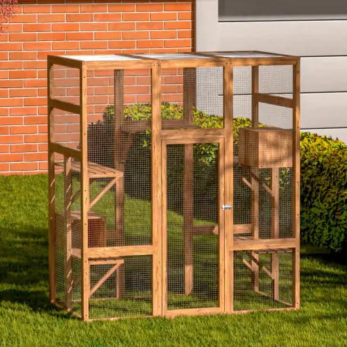 Outdoor Cat Enclosure, Large Wooden Cat Cage, Sun Roof, Perch, Sleeping Box, Pet Enclosure, Orange