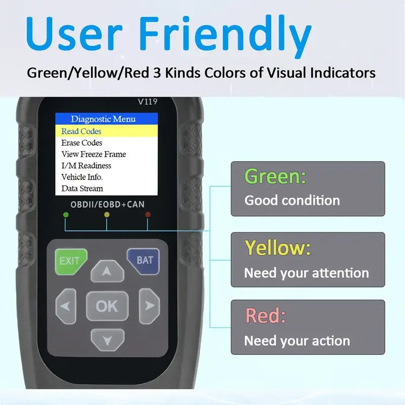 Code reader,V119 OBD2 Scanner: Car Diagnostic Tool with Voltage Test & USB Power, Reads/Clears Codes for EOBD/CAN OBD2 Vehicles