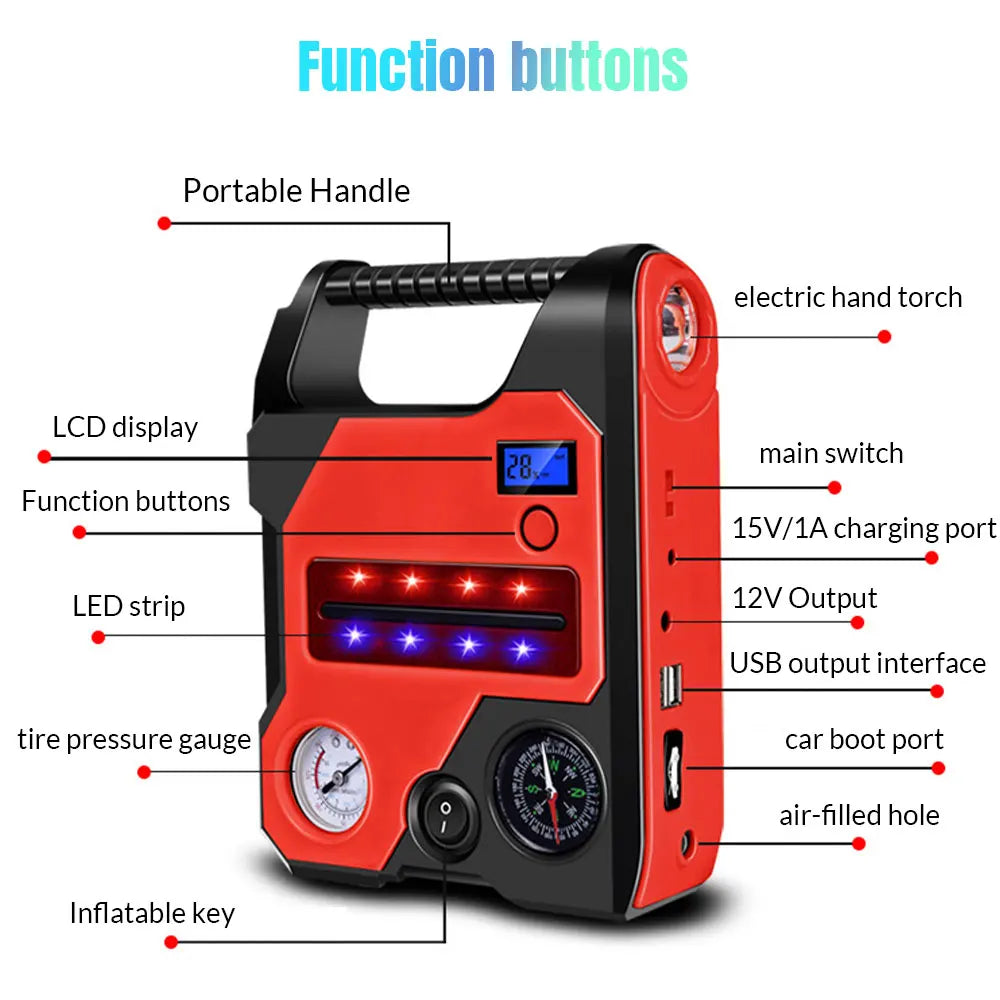 4 In1 Car Jump Starter with Air Compressor Portable Flashlight Starting Device