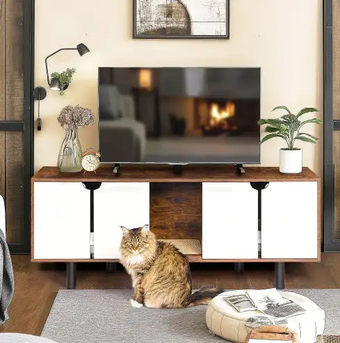 Cat Litter Box Enclosure For 2 Cats, Double Hidden Litter Box Furniture Large Cat Washroom, Indoor Cat House Cabinet TV Stand End Table, White Vintage