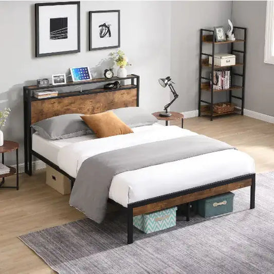 Full Size Metal Platform Bed Frame With Wooden Headboard And Footboard With USB LINER Box Spring Needed