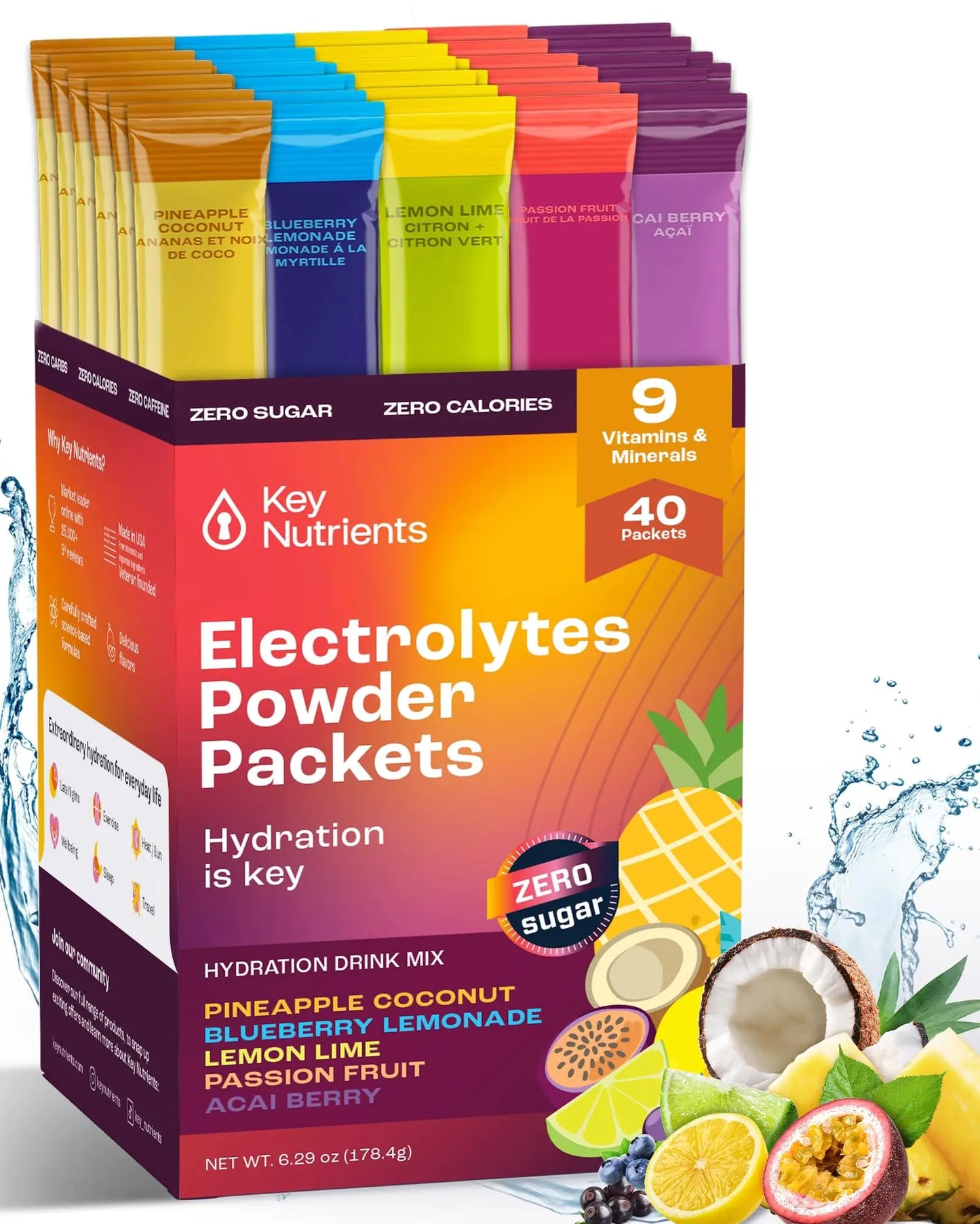 KEY NUTRIENTS Electrolytes Powder Packets No Sugar - 5 Delicious Flavors in Hydration Packets 40 Pack