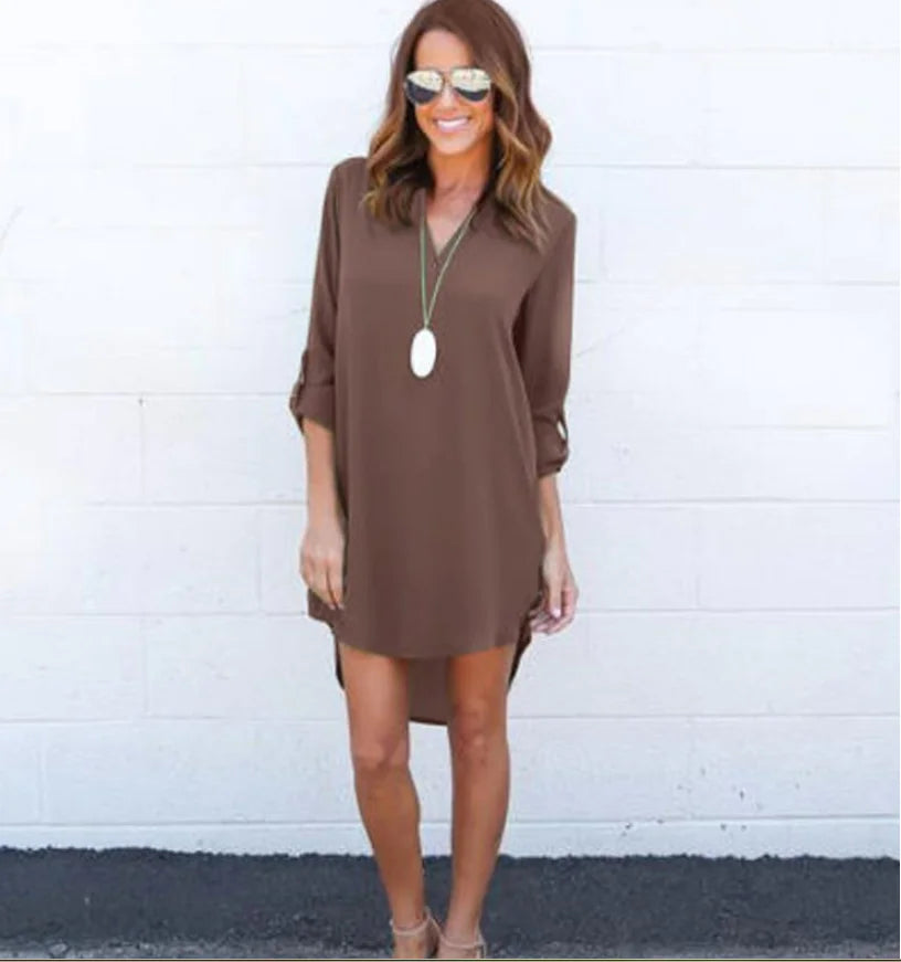 Chiffon Long Sleeve V-Neck Dress with Asymmetrical Hem