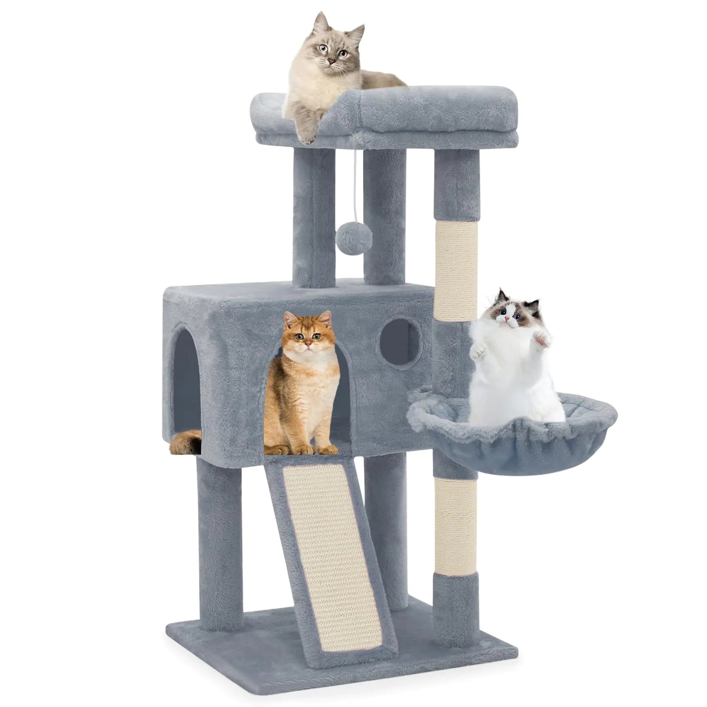 Athena Collection Cat Tree 36" Tall Cat Tree Tower for Indoor Cats Multi-Level Cat Tower House Activity Center Climbing Tower with Cat Condo & Hammock & Scratching Post & Dangling Ball LightGray