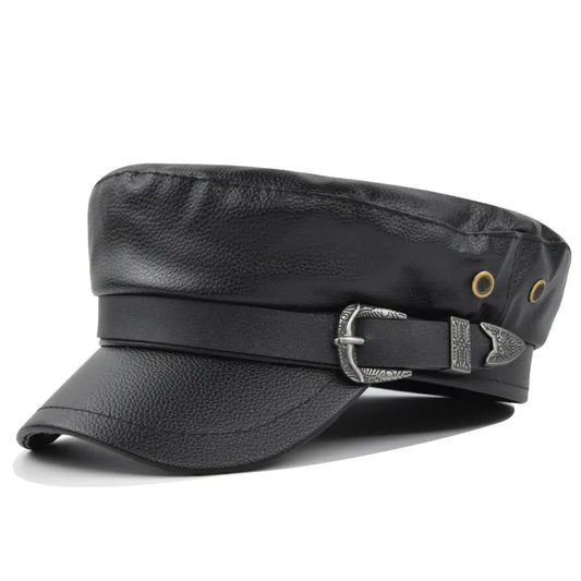 PU Leather Belt with Buckle Beret Hat