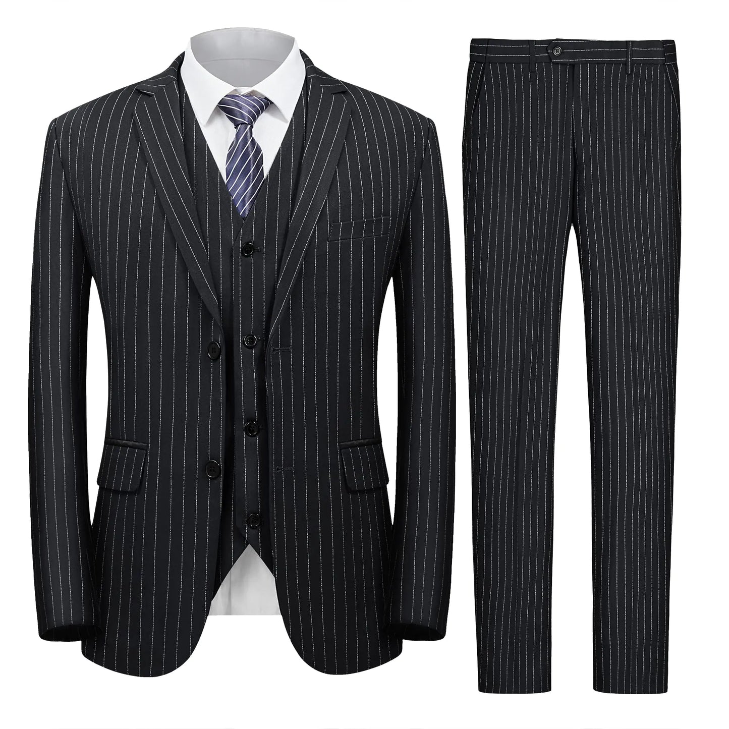 MAGE MALE Mens Pinstripe 3 Piece Suit Slim Fit Elegant Single Breasted Business Wedding Party Blazer Vest& Pants Set