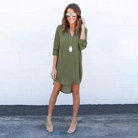 Chiffon Long Sleeve V-Neck Dress with Asymmetrical Hem