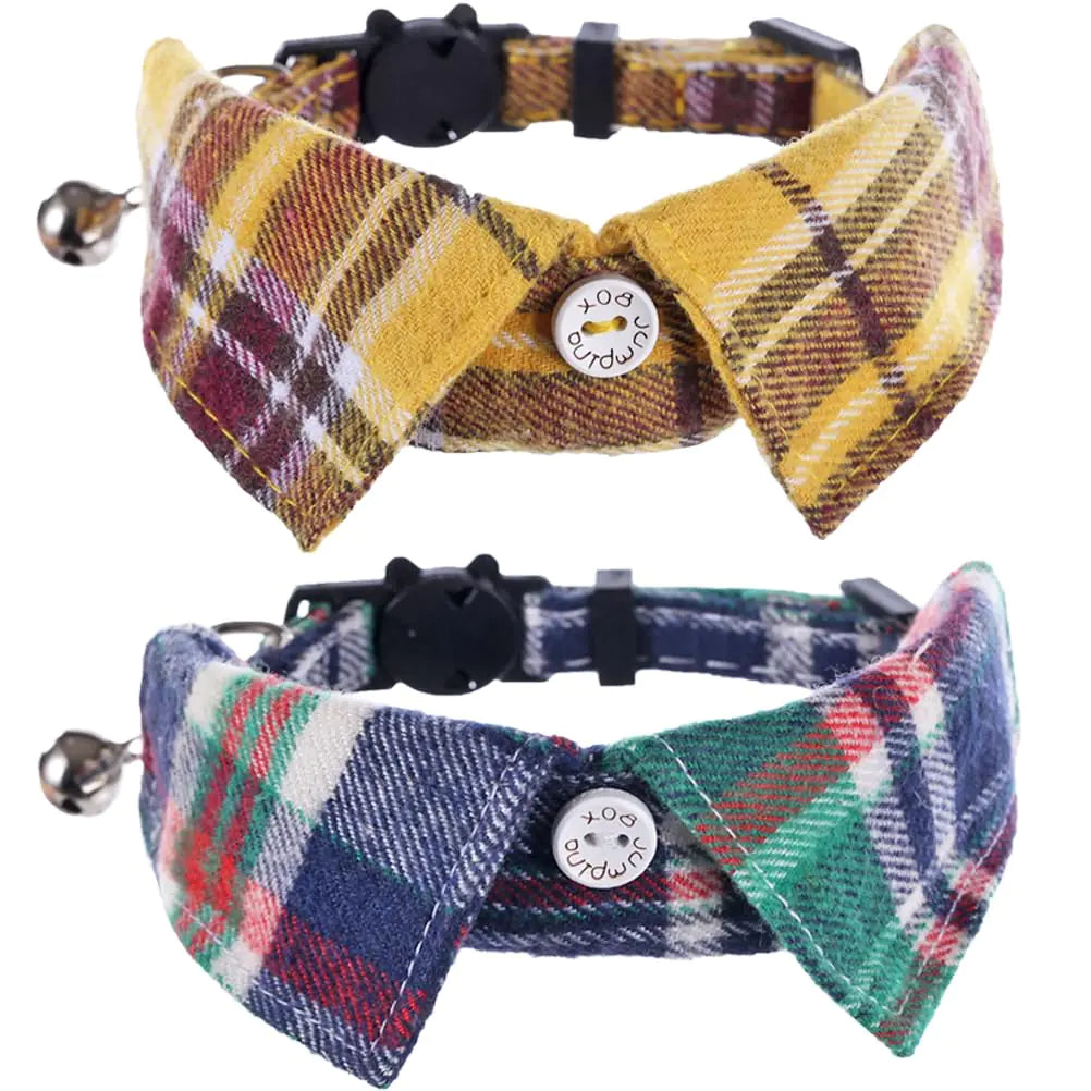 Cat Collar Breakaway with Cute Bow Tie and Bell Plaid for Kitty Adjustable Safety