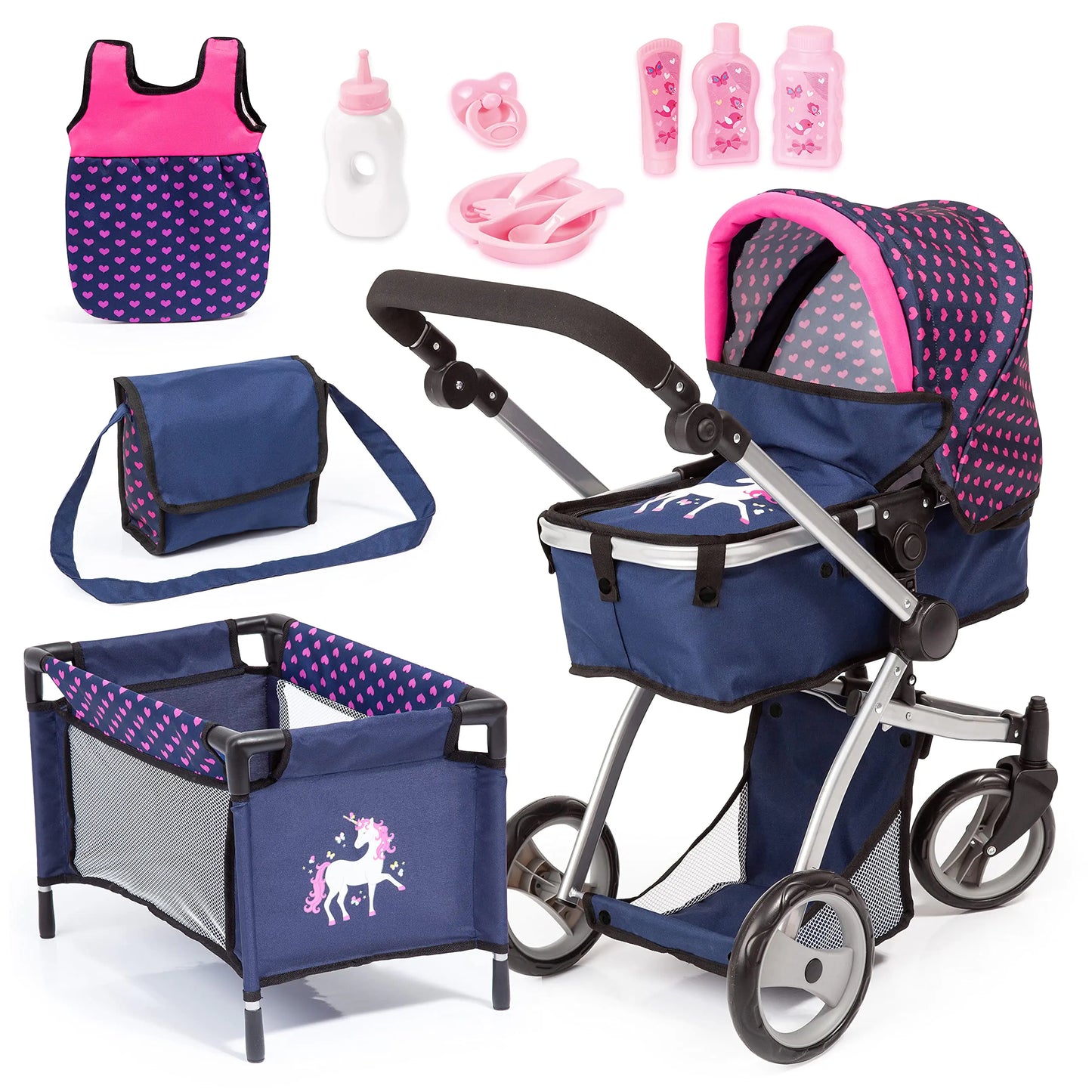Bayer Dolls: Pram Mega Set Easily Adaptable to Your Childs Height Pram is Suitable for Dolls up to 18" Sleeping Bag & Travel Bag Suitable for Dolls Up to 16"