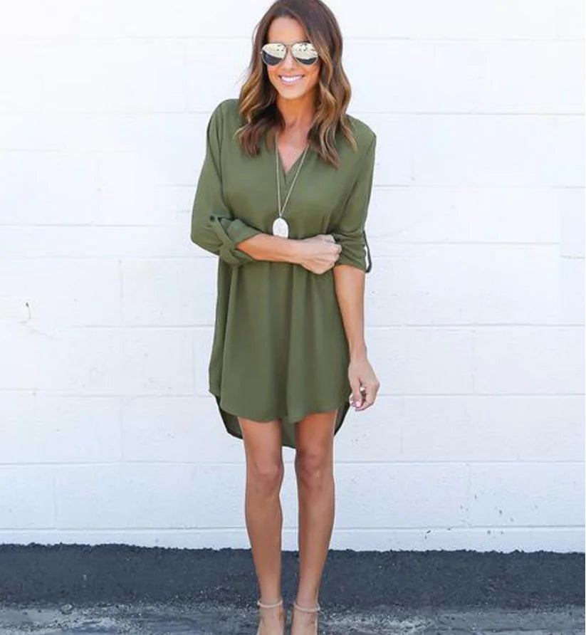 Chiffon Long Sleeve V-Neck Dress with Asymmetrical Hem