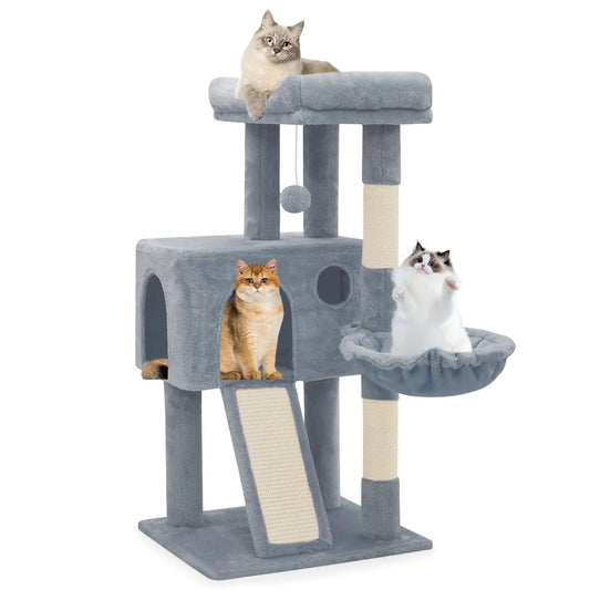 Athena Collection Cat Tree 36" Tall Cat Tree Tower for Indoor Cats Multi-Level Cat Tower House Activity Center Climbing Tower with Cat Condo & Hammock & Scratching Post & Dangling Ball LightGray