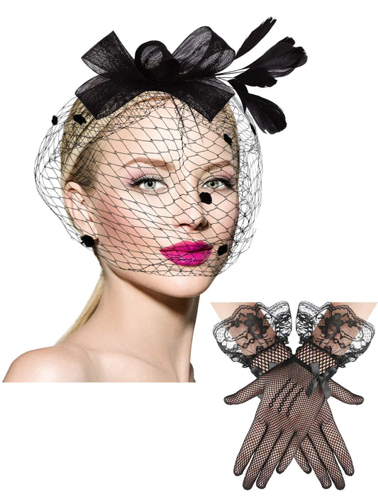 SATINIOR 50s Fascinators for Women Funeral Veil Hat Tea Party Hat and Gloves Pillbox Cocktail Hat(BlackRetro Style)