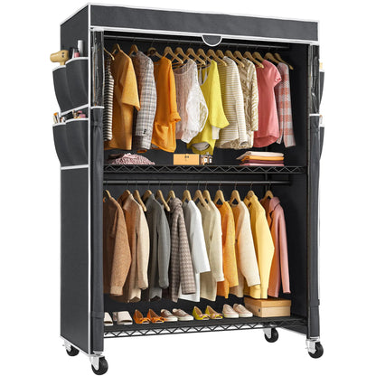 Raybee Heavy Duty Clothes Rack with Cover 81" H Clothing Racks for Hanging Clothes with Wheels & Adjustable Feets Portable Clothes Rack Freestanding Closet Garment Rack Max Load 500LBS (Black)