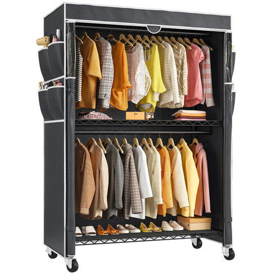 Raybee Heavy Duty Clothes Rack with Cover 81" H Clothing Racks for Hanging Clothes with Wheels & Adjustable Feets Portable Clothes Rack Freestanding Closet Garment Rack Max Load 500LBS (Black)
