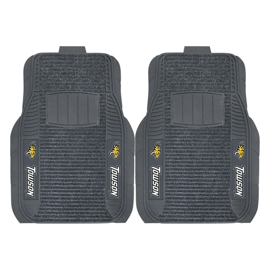 FANMATS 17125 Towson Tigers 2-Piece Deluxe Car Mat Set Vinyl Trim and Colored Team Logo Dual Rib Charcoal Carpet Trimmable Edges