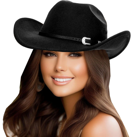 UTOWO Men-Women Rodeo Felt-Cowboy-Hat with Western-Belt-Decor Vintage Outback-Cowgirl-Hat Country-Gus Fedora-Cap Size:M/L