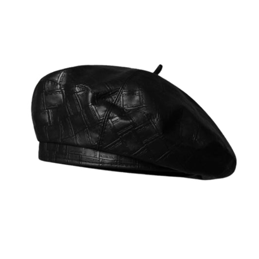 MINGSEECESS Women PU Leather French Black Beret Hat Causal Beanie Hat