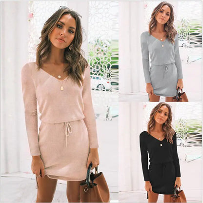 Solid Color V-Neck Dress with Asymmetrical Hem