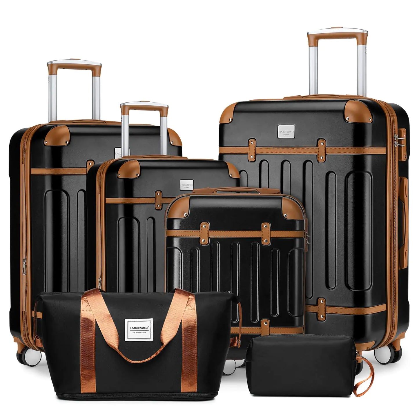 LARVENDER Luggage Sets 6 Piece Expandable Luggage Hardshell Suitcase Sets with Spinner Wheels TSA Locks Vintage Travel Luggage Set Clearance for Men and Women Black Brown