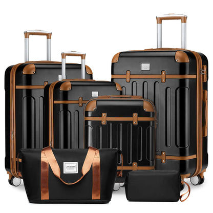LARVENDER Luggage Sets 6 Piece Expandable Luggage Hardshell Suitcase Sets with Spinner Wheels TSA Locks Vintage Travel Luggage Set Clearance for Men and Women Black Brown