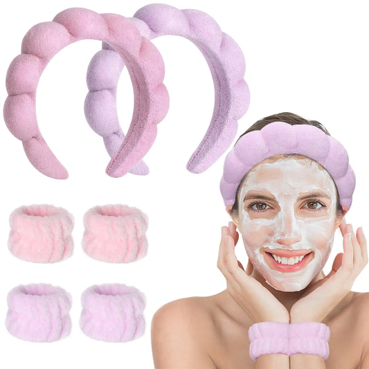 The Cenbellr Spa Headband Set for Face Washing - Makeup Headband Wristband and Terry Cloth Bubble Mask for Womens Skincare (pink-purple)