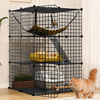 YITAHOME Cat Cage Indoor Catio DIY Cat Enclosures Metal Cat Playpen 3-Tiers Kennels Pet Crate with Extra Large Hammock for 1-2 Cats Rabbit