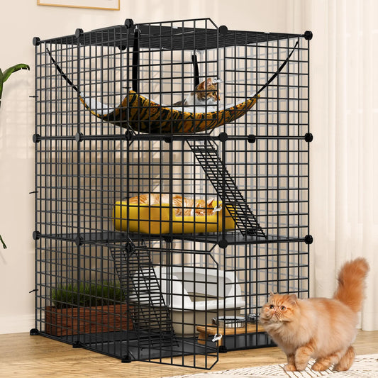 YITAHOME Cat Cage Indoor Catio DIY Cat Enclosures Metal Cat Playpen 3-Tiers Kennels Pet Crate with Extra Large Hammock for 1-2 Cats Rabbit