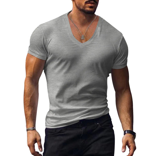 Muscle Men’s V Neck Shirts Casual Short Sleeve Gym Athletic T Shirt Fashion Tee Top Workout Bodybuilding Shirts Light Gray