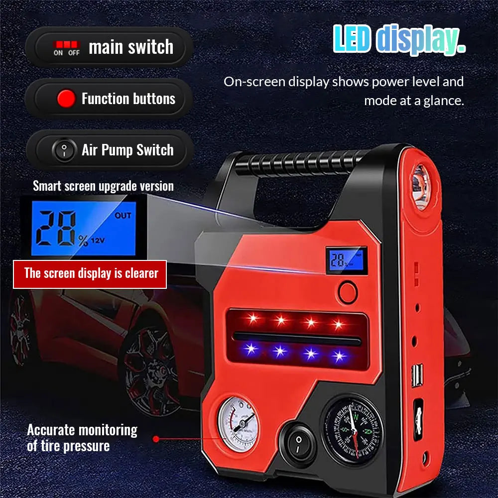 4 In1 Car Jump Starter with Air Compressor Portable Flashlight Starting Device