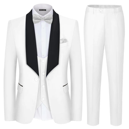 MAGE MALE Mens 3 Piece Suit Shawl Collar Slim Fit Elegant Tuxedo Solid One Button Wedding Party Blazer Vest Pants Set White