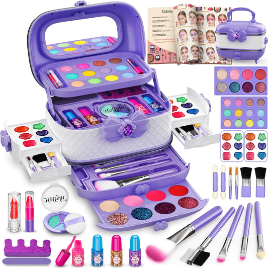 Hollyhi 58 Pcs Kids Makeup Kit for Girl Princess Toys Real Washable Cosmetic Set with Mirror Kids Makeup Sets for Girls Play Make Up Birthday Gifts for 3 4 5 6 7 8 9 10 11 12 Years Old Kid(Purple)
