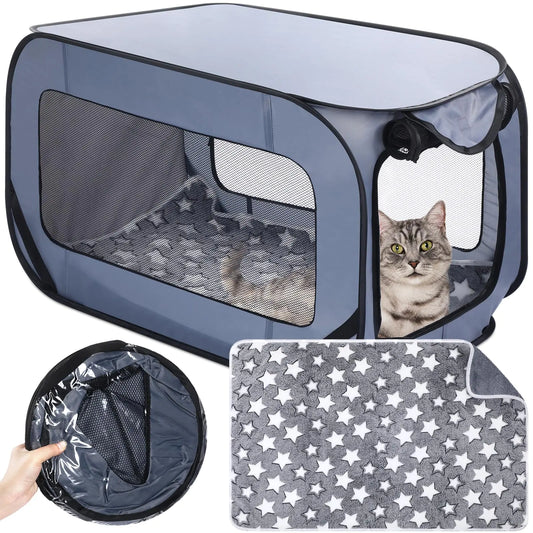 Briwooody 37 Inch Portable Cat Dog Crate with Mat Liner Pop up Dog Kennel Pet Tent Car Seat Travel Kennel Bed for Indoor Outdoor Waterproof Pet Crate Cage for Large Cat Medium Puppy Camping(Gray)