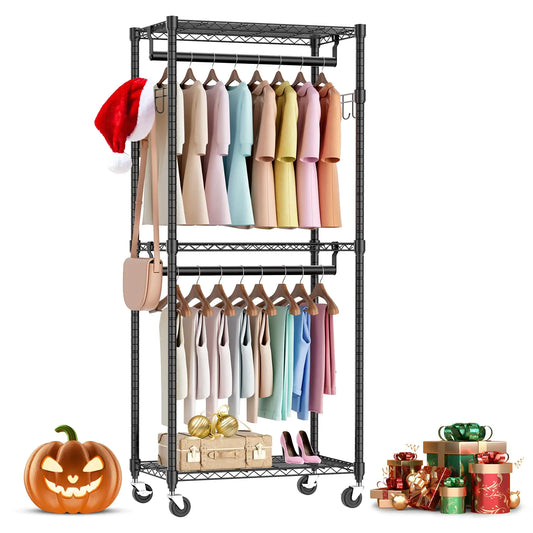 Sweetcrispy Mini Rolling Clothes Rack Heavy Duty Garment Racks 3 Tiers Portable Adjustable Wire Shelves with Wheels Hanging Rods & Side Hooks Metal Freestanding Clothing Wardrobe Closet - Black