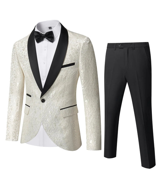 YND Mens 2 Piece Slim Fit Suit Set One Button Shawl Lapel Floral Pattern Party Blazer Jacket Pants with Bow Tie White