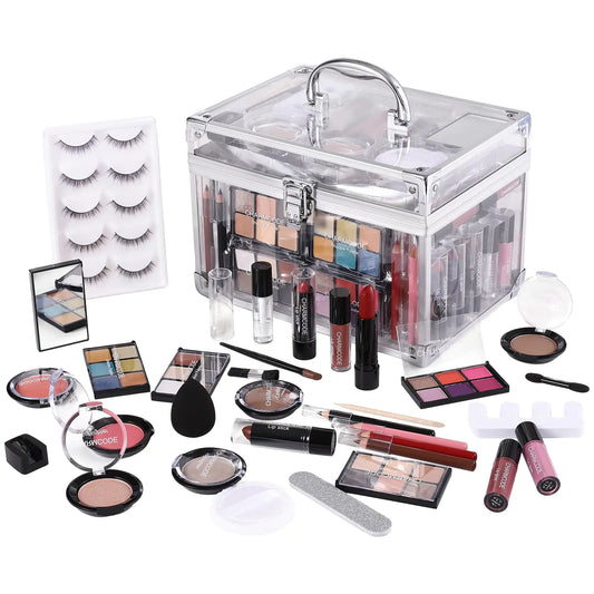 Makeup Kit for Women Full Kit - Eyeshadow Palette Lipsticks Lipgloss Blushes Contour Highlighters Makeup Pencil False Eyelashes Re-usable Train Case Gift Set for Teen Girls Starters Pros