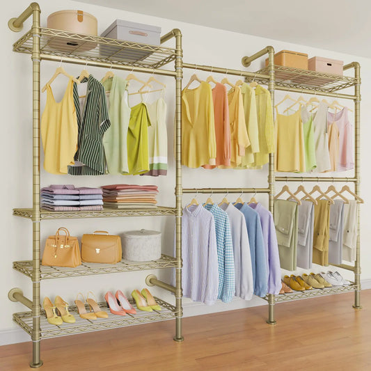 Timate F3 Garment Rack Heavy Duty Clothes Rack for Hanging Clothes Expandable Industrial Pipe Wall Mounted Clothing Rack Adjustable Storage Closet Wardrobe Closet Kit Walk in Closet Systems Gold