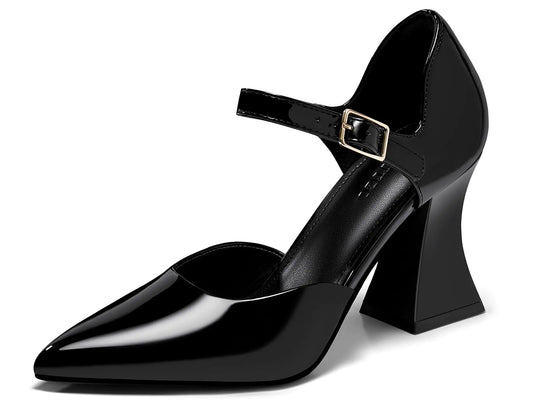 The Coutgo Womens Chunky High Heels Closed Pointed Toe Ankle Strap Pumps Cute Dress Dance Shoes Black Size 11