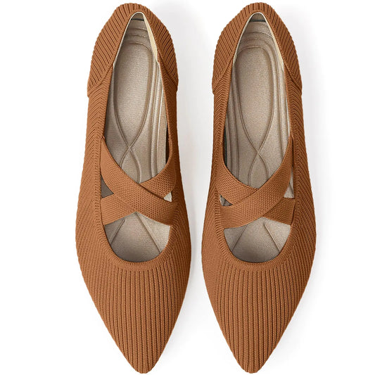 TINGRISE Womens Flats Shoes Pointed Toe Knit Washable Comfortable Dressy Mary Jane Ballet Flat with Strap Brown US7.5