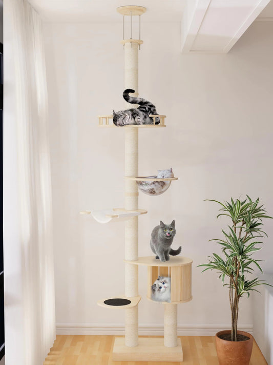 Cat Tree Floor to Ceiling Cat Towers 6 Level Adjustable Height (92-118 Inch) Tall Cat Tree with 4.7” Thickened Scratching Post Large Cat Tower for Indoor Cats Sisal Rope