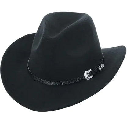 Felt Fedora Western Cowboy Hat for Women Men Rolled Wide Brim Jazz Retro Panama Rodeo Black Cowgirl Hats with Buckle Belt