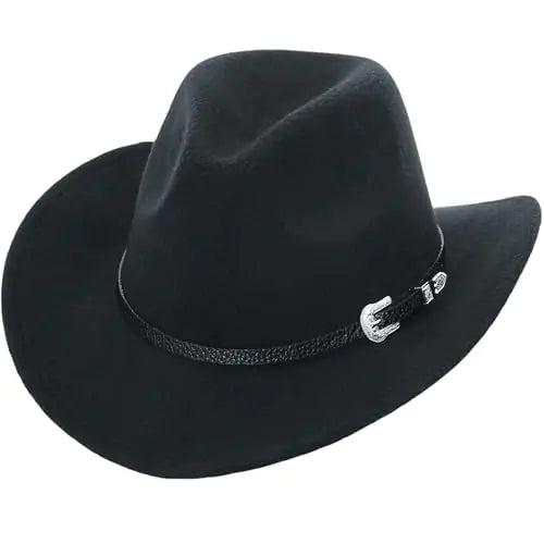 Felt Fedora Western Cowboy Hat for Women Men Rolled Wide Brim Jazz Retro Panama Rodeo Black Cowgirl Hats with Buckle Belt